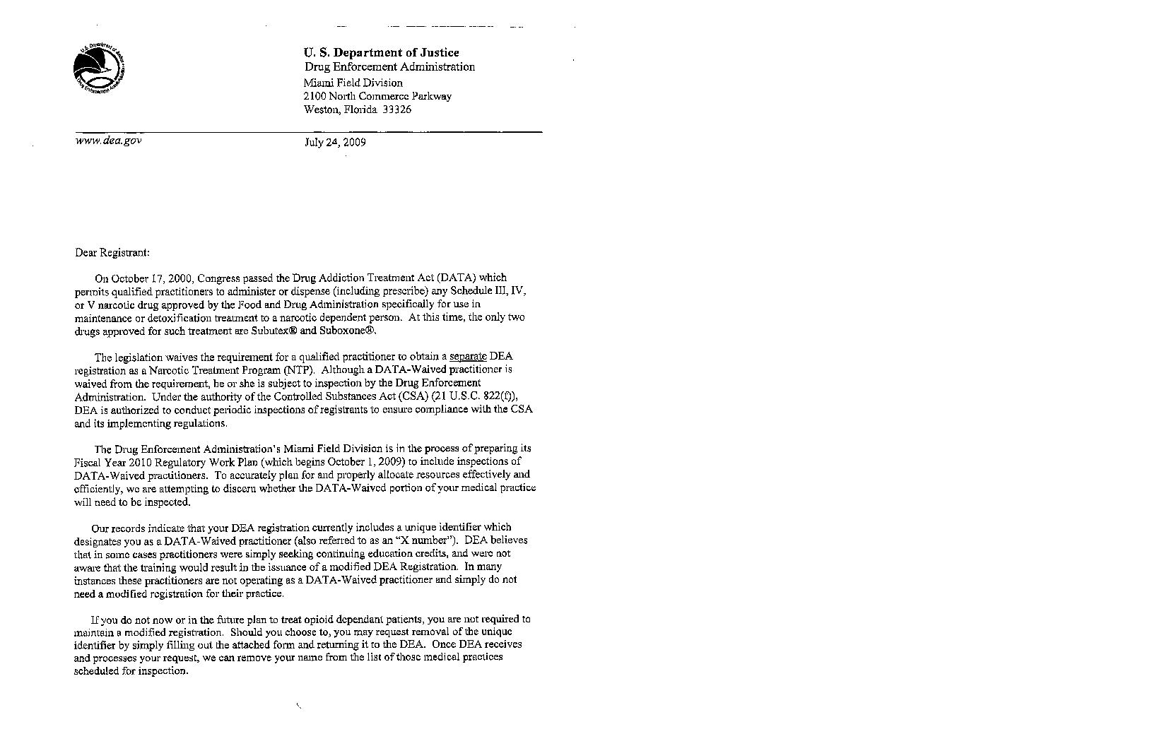 Letters from DEA addressing audit of OBOT physicians